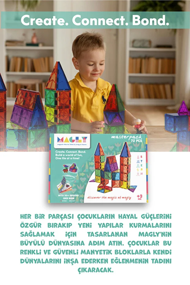 Manyetik Yapı Blokları – Çocuklar İçin Renkli 3 Boyutlu 72 Parça Manyetik Karo Oyun Seti